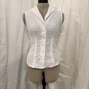 Jones New York Women's 8 White Eyelet Sleeveless Collard Tank Top Cottagecore